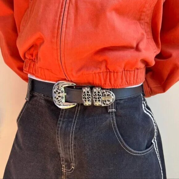 vintage chrome buckle black american western design belt - Picture 4 of 6